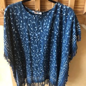 Batik Keris Boho Poncho Top With Fringe